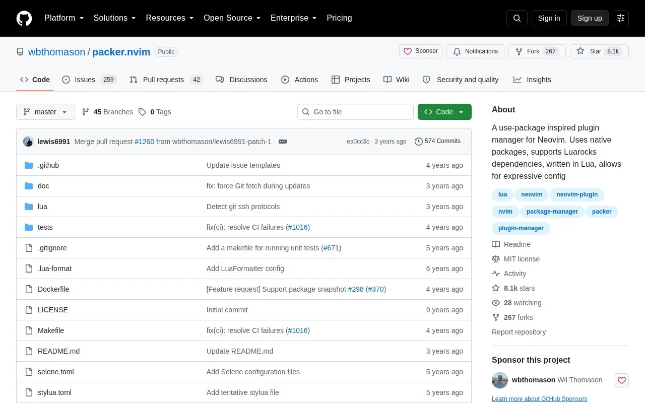 packer.nvim homepage screenshot