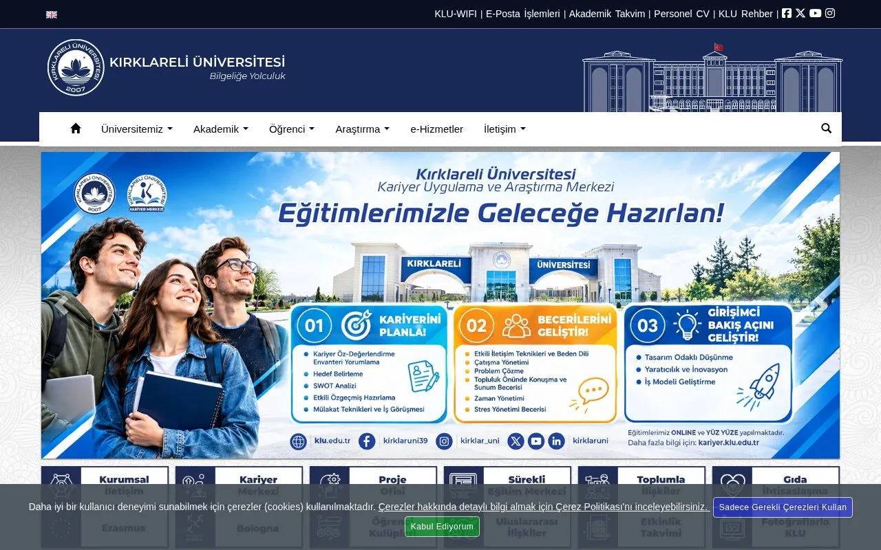 Kirklareli University homepage screenshot