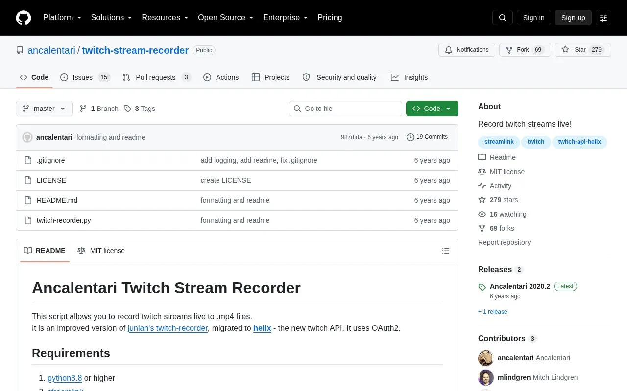 twitch-stream-recorder homepage screenshot