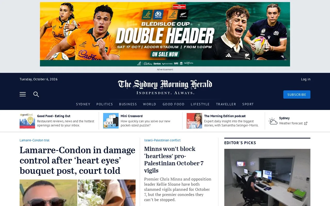 The Sydney Morning Herald homepage screenshot