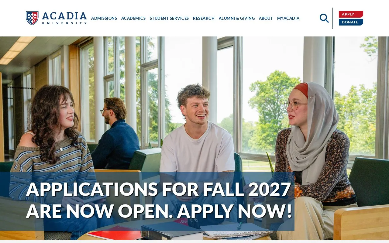 Acadia University homepage screenshot