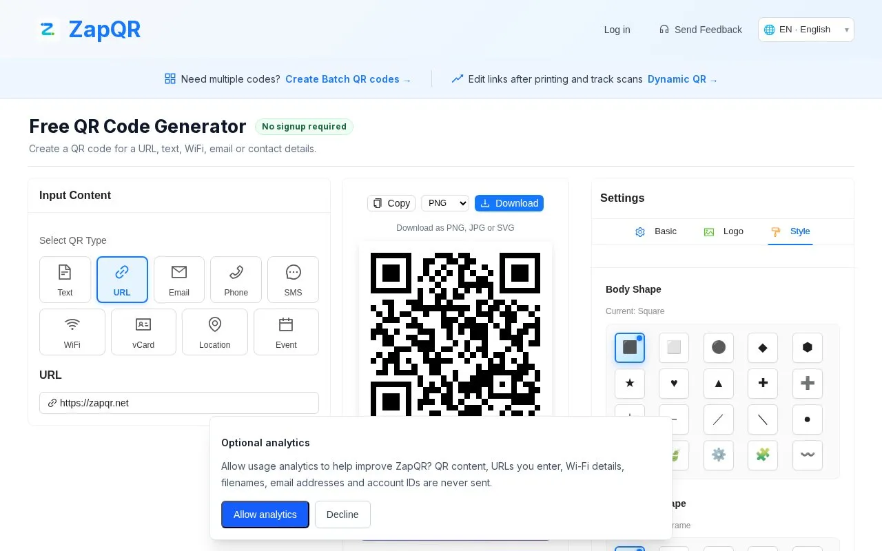 ZapQR homepage screenshot