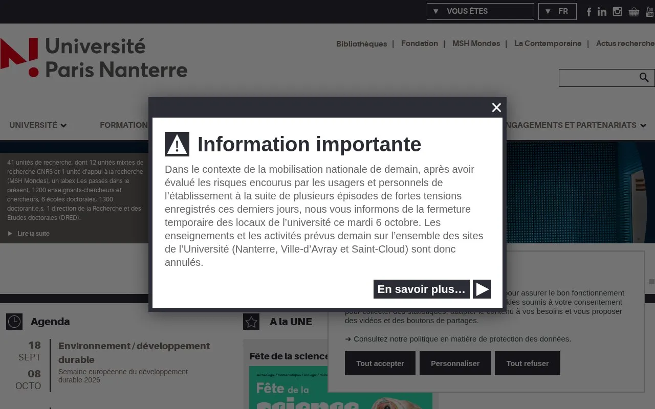 Universite Paris Nanterre homepage screenshot