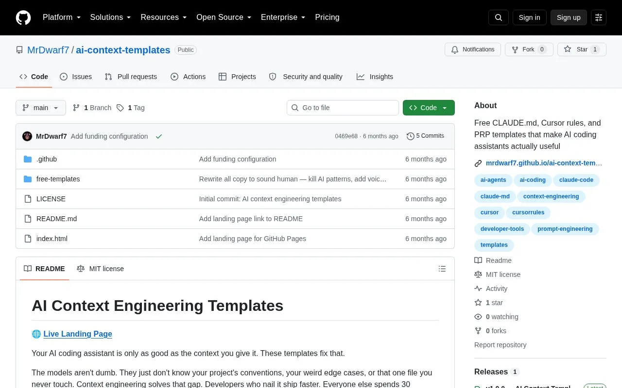 AI Context Templates homepage screenshot