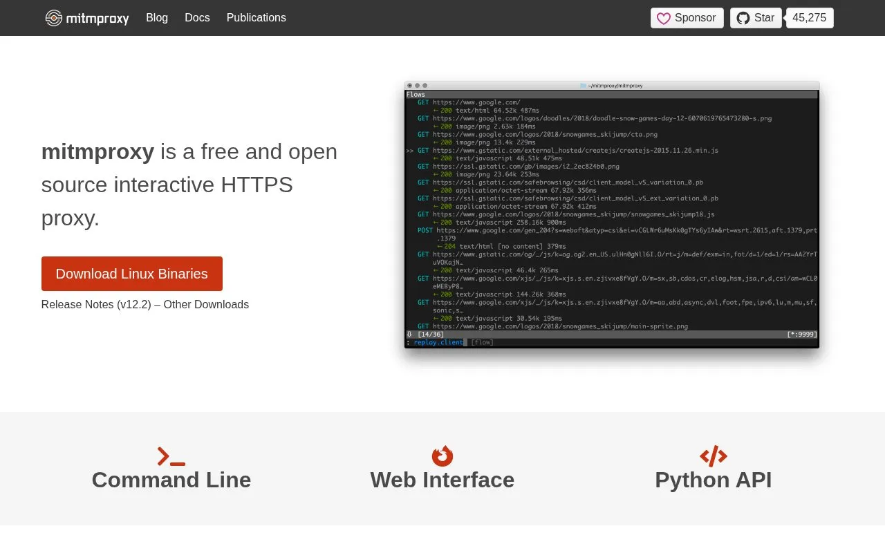 mitmproxy homepage screenshot