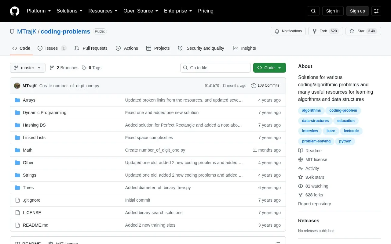 Coding Problems homepage screenshot