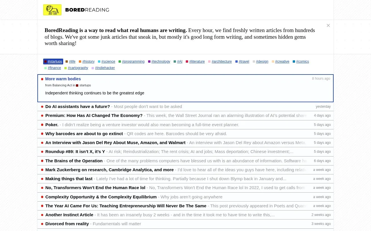 BoredReading homepage screenshot