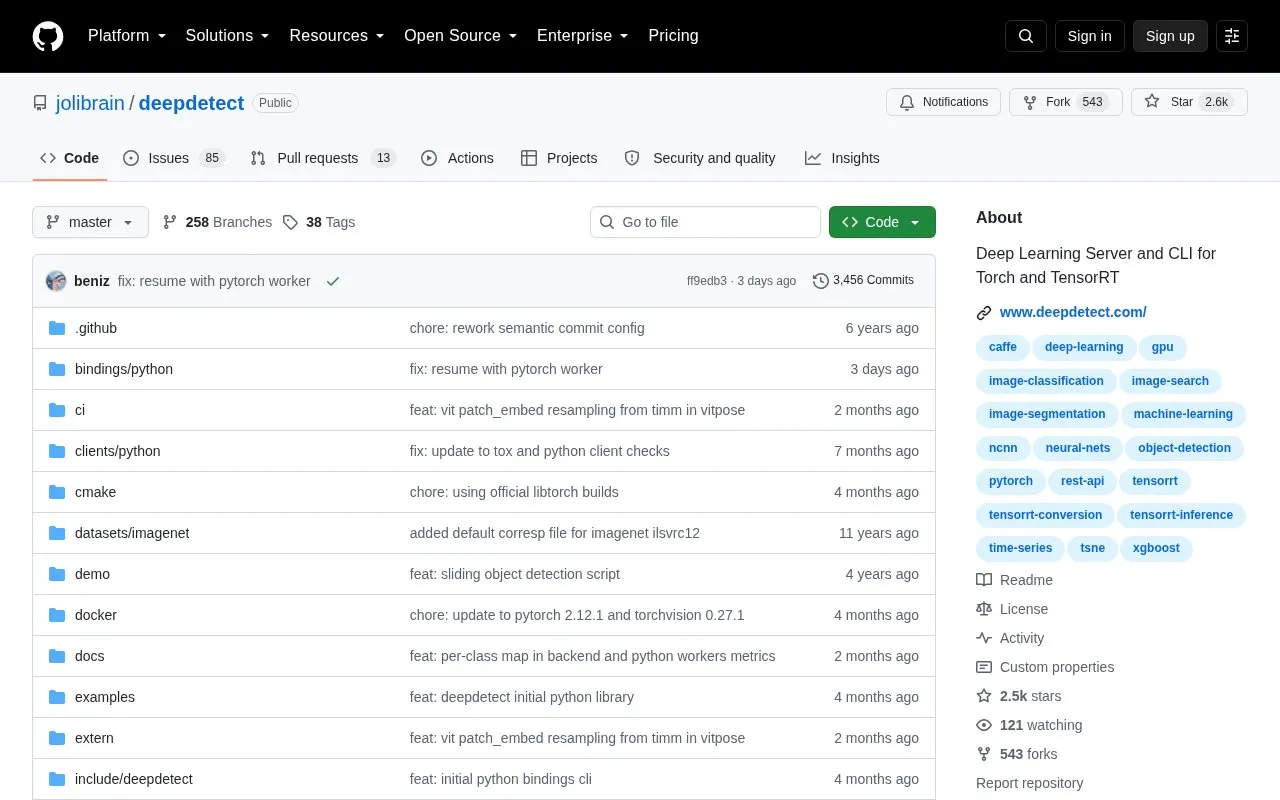 DeepDetect homepage screenshot
