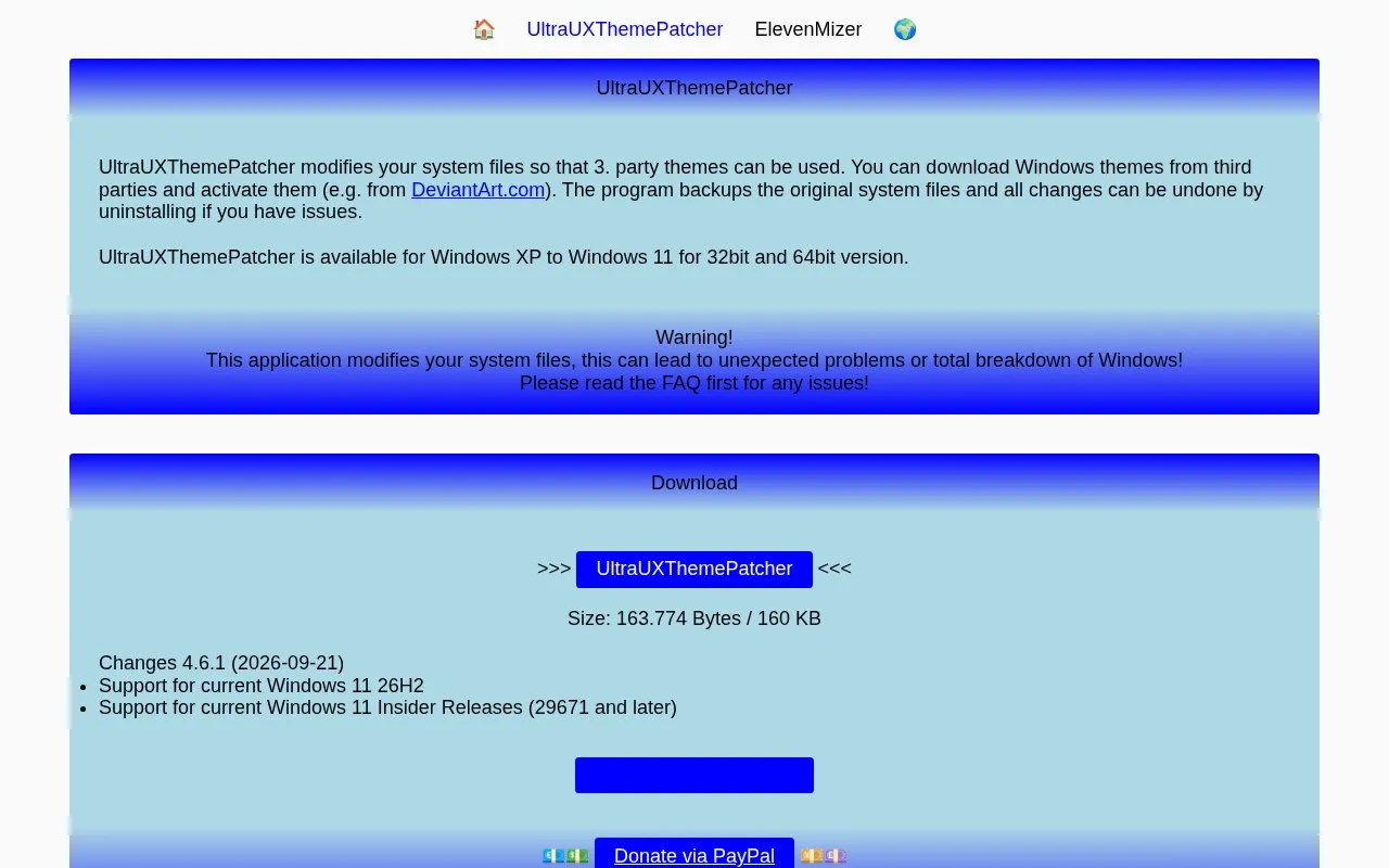 UltraUXThemePatcher homepage screenshot