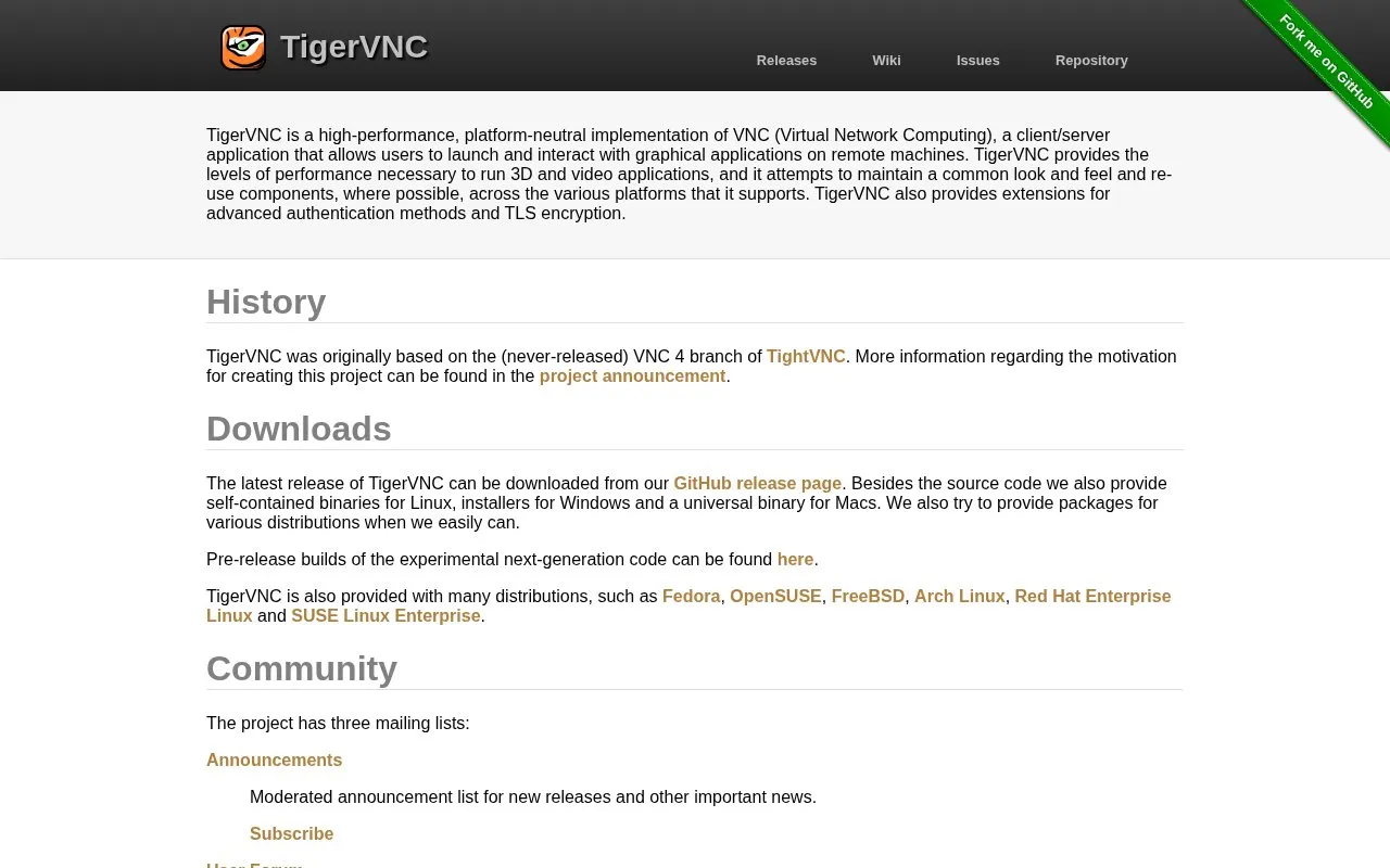 TigerVNC homepage screenshot