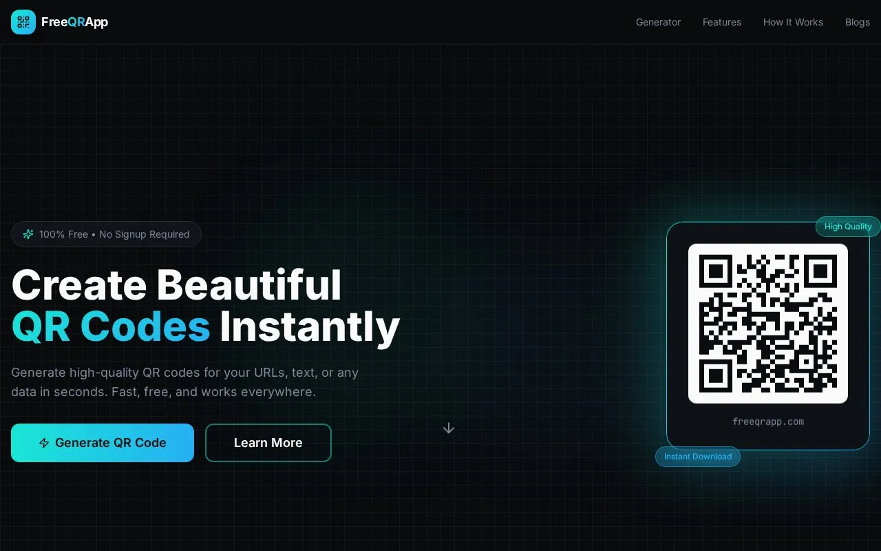 FreeQRApp homepage screenshot