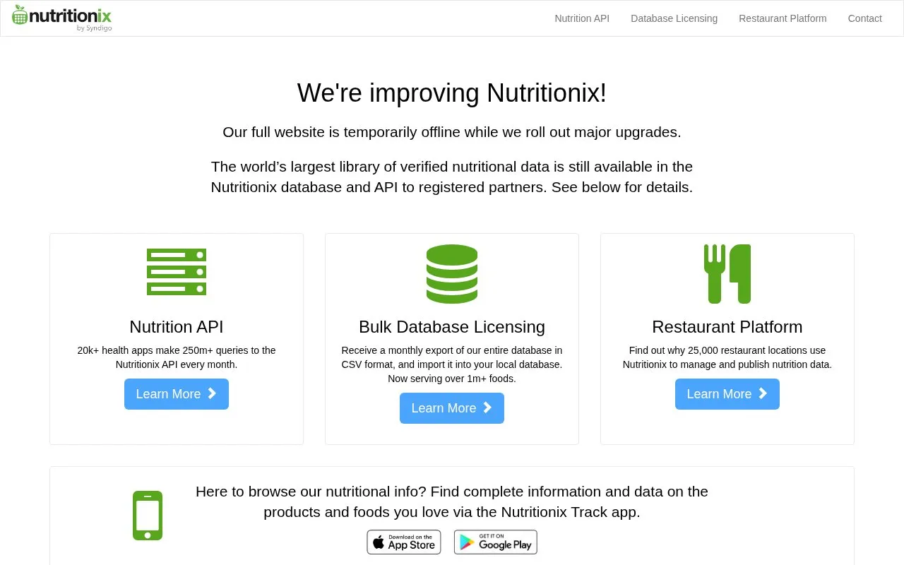 Nutritionix homepage screenshot