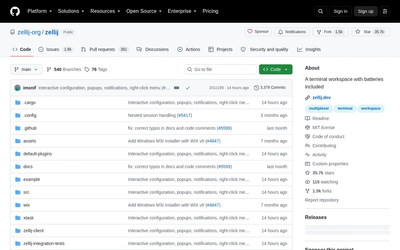 Zellij homepage screenshot