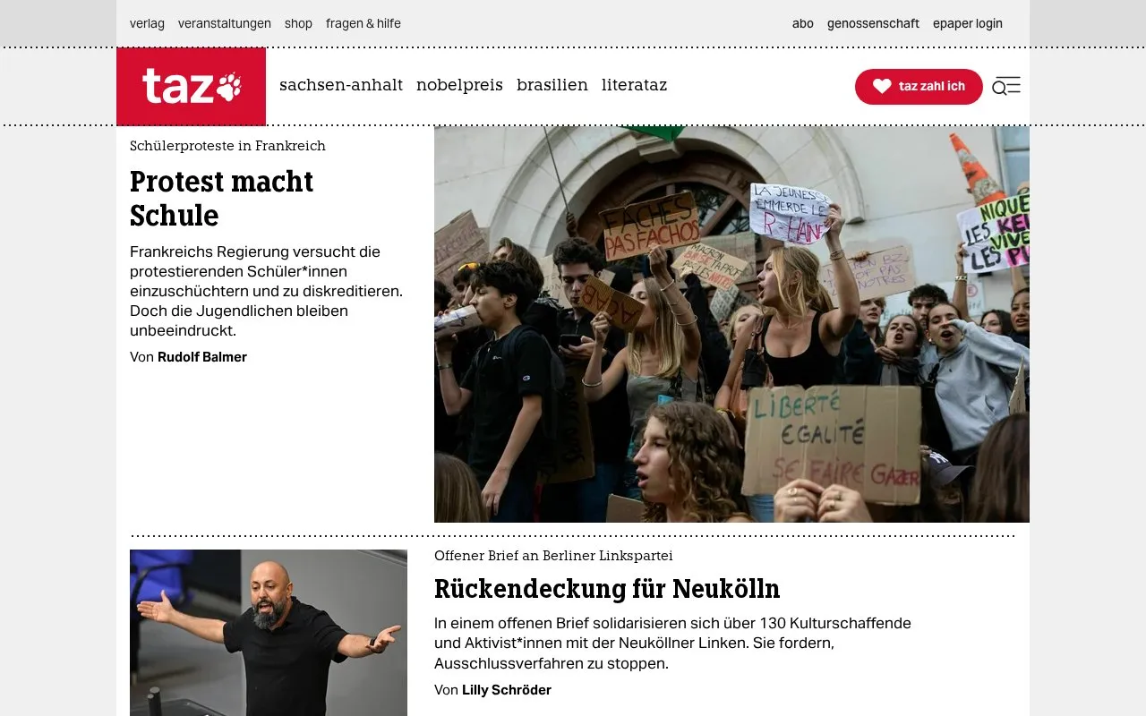 Die Tageszeitung homepage screenshot