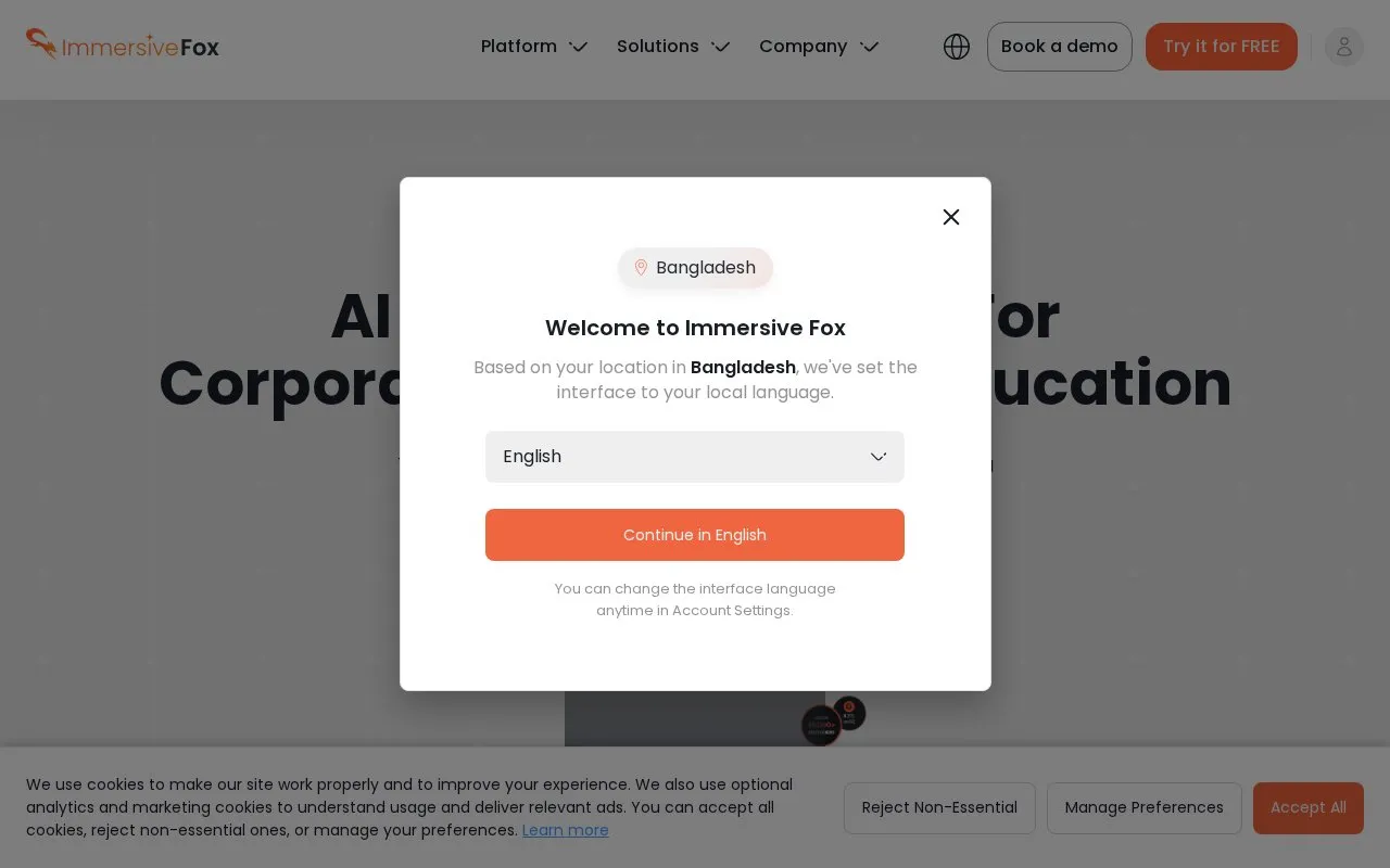 Immersive Fox homepage screenshot