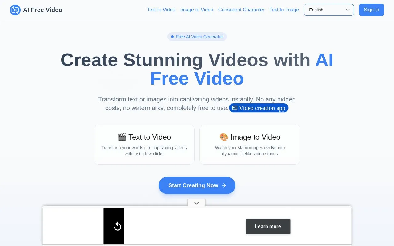 AIFreeVideo homepage screenshot