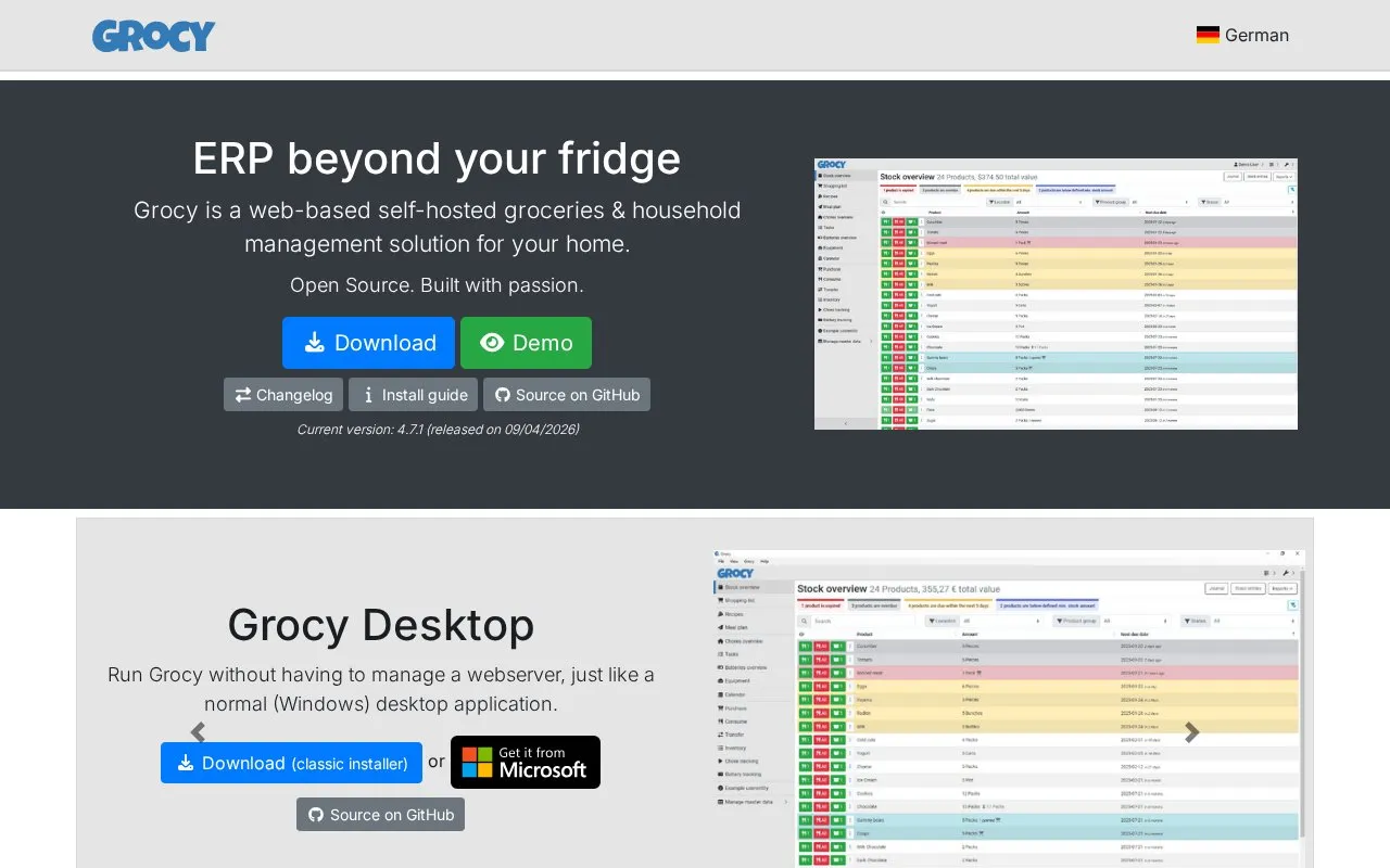 Grocy homepage screenshot
