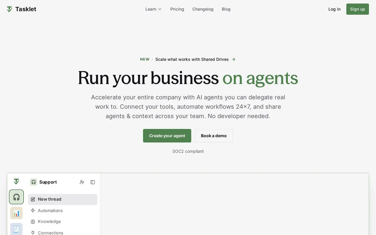 Tasklet homepage screenshot
