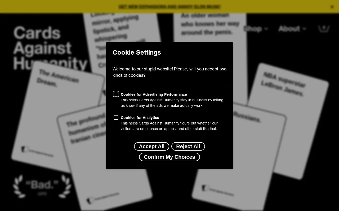 Cards Against Humanity homepage screenshot