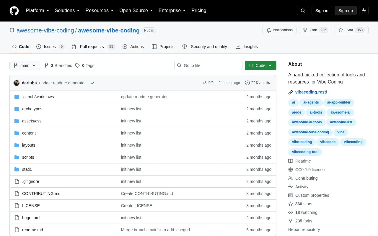 Awesome Vibe Coding homepage screenshot