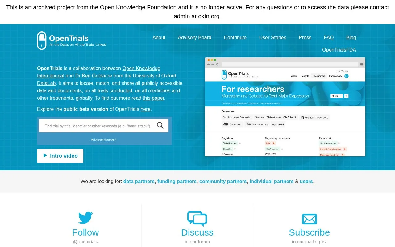 OpenTrials homepage screenshot