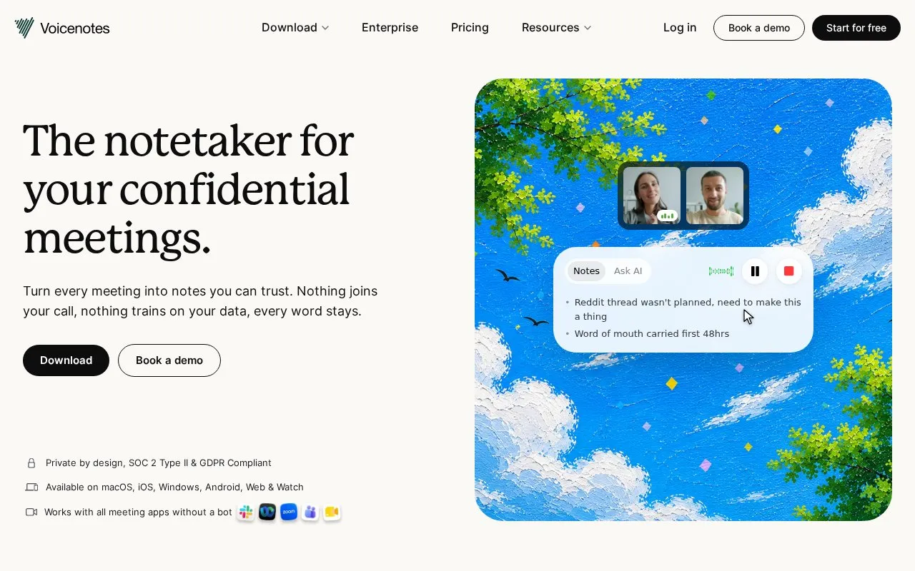Voicenotes homepage screenshot