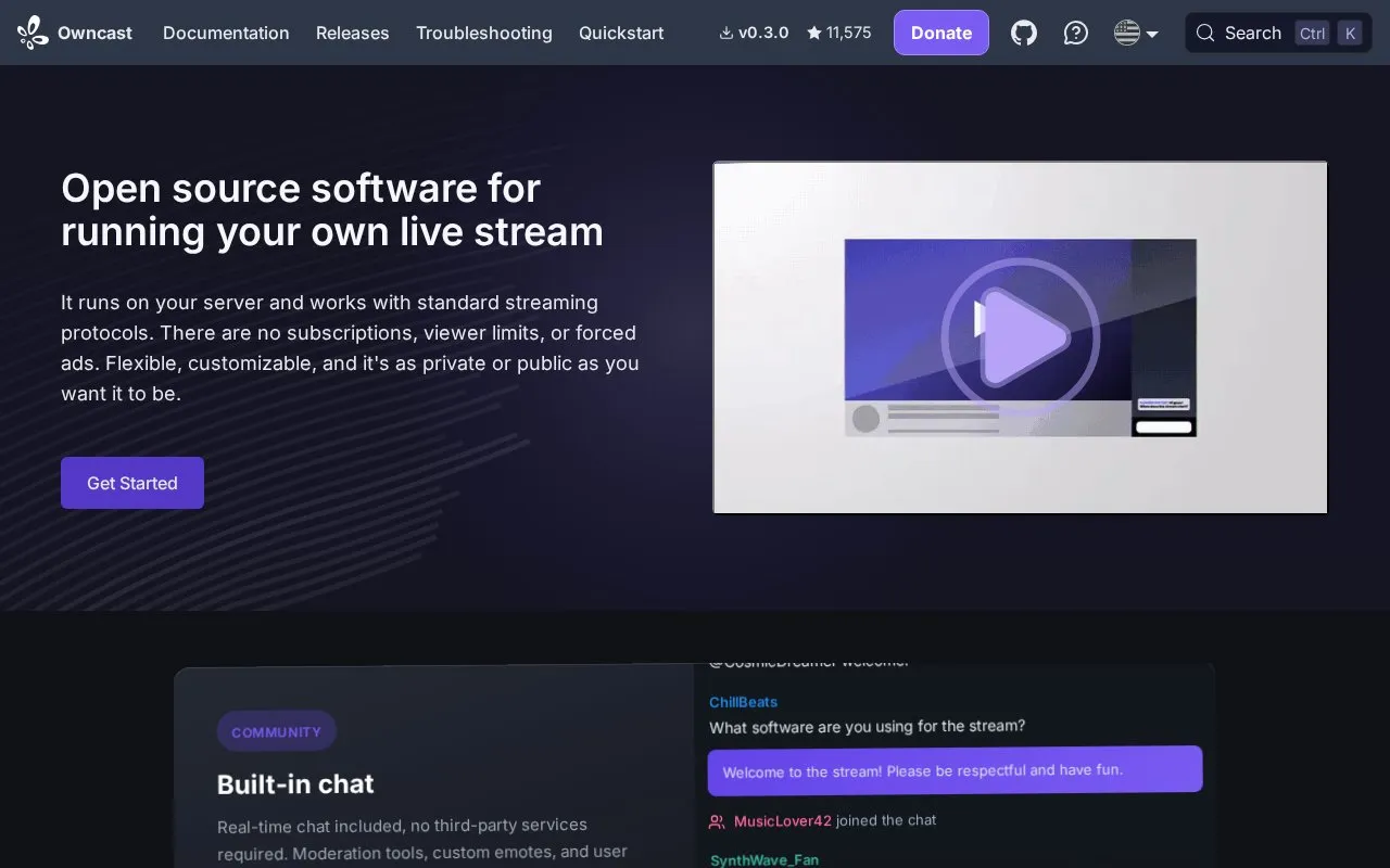 Owncast homepage screenshot