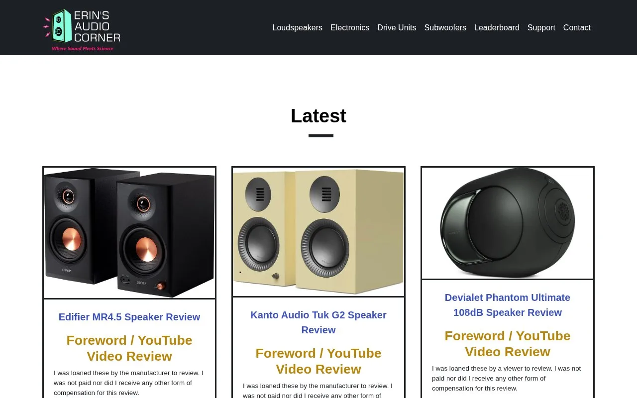 Erin's Audio Corner homepage screenshot