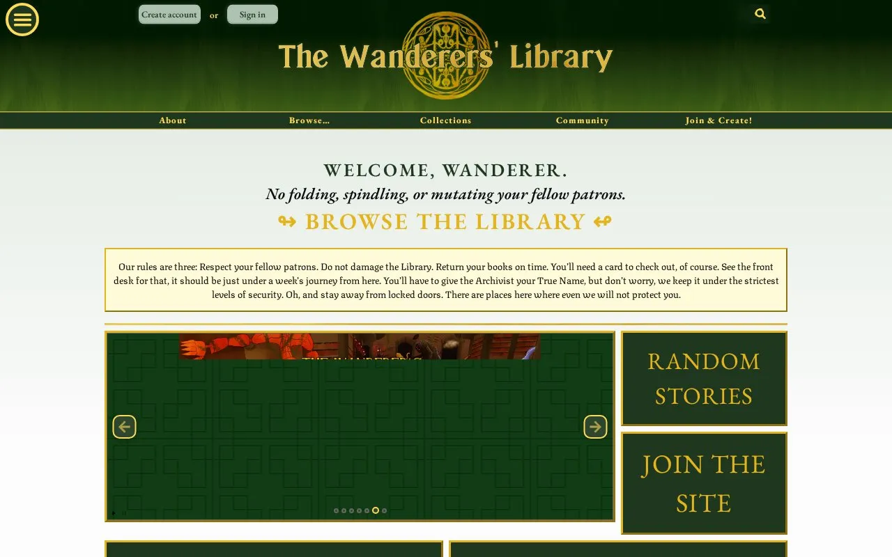 The Wanderers' Library homepage screenshot