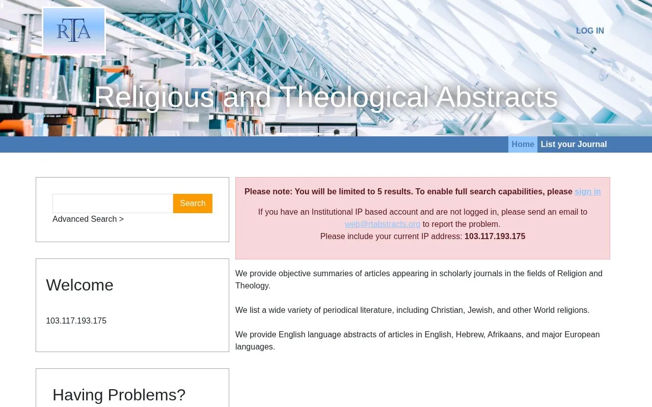 Religious and Theological Abstracts homepage screenshot