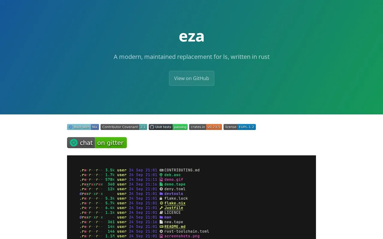 eza homepage screenshot