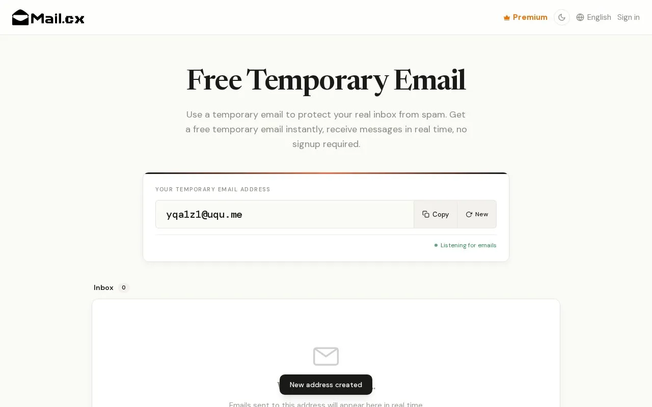 Mail.cx homepage screenshot