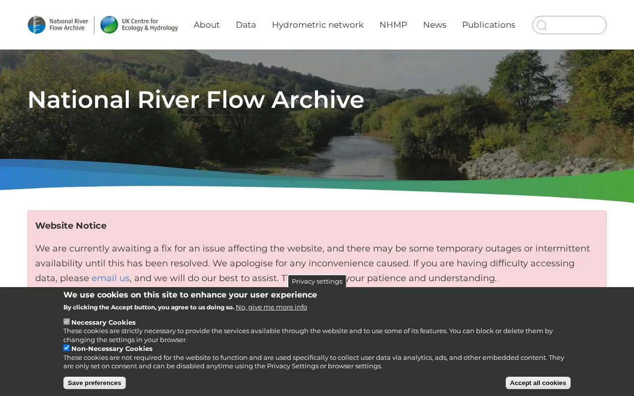 National River Flow Archive homepage screenshot