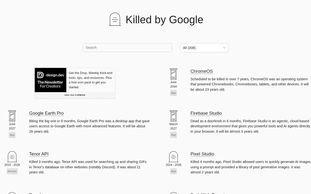 Killed by Google homepage screenshot