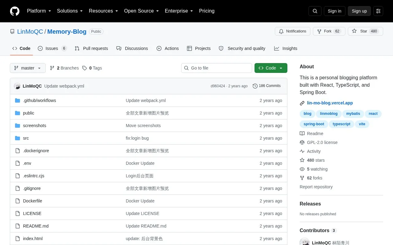 Memory-Blog homepage screenshot