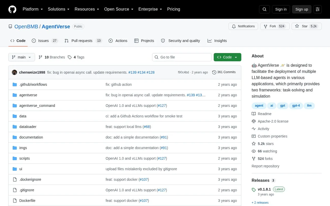 AgentVerse homepage screenshot