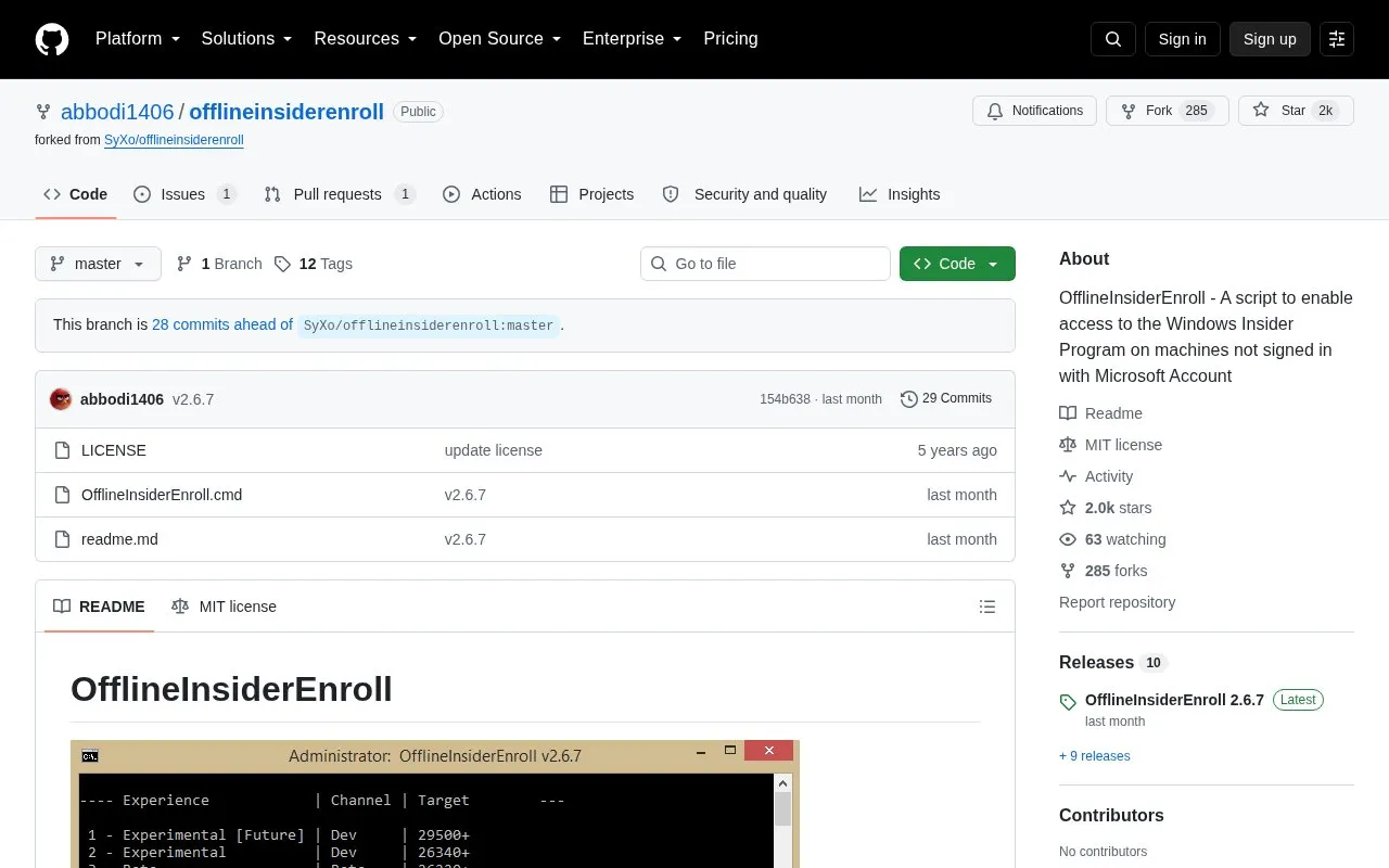 OfflineInsiderEnroll homepage screenshot