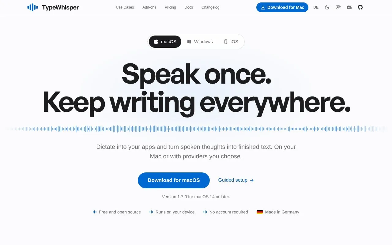 TypeWhisper homepage screenshot