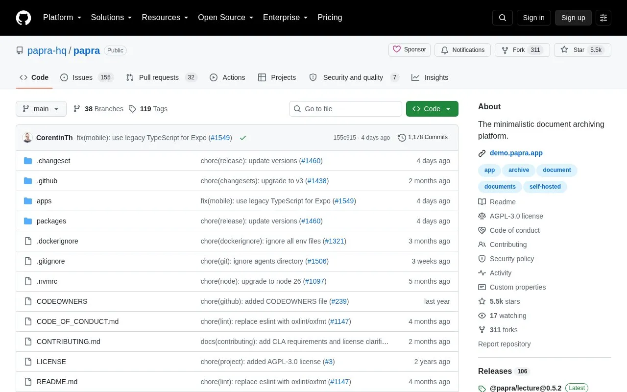 Papra homepage screenshot