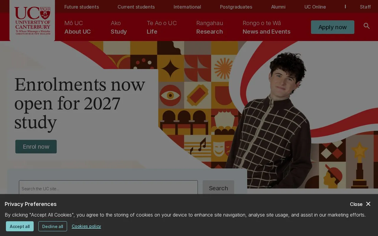 University of Canterbury homepage screenshot