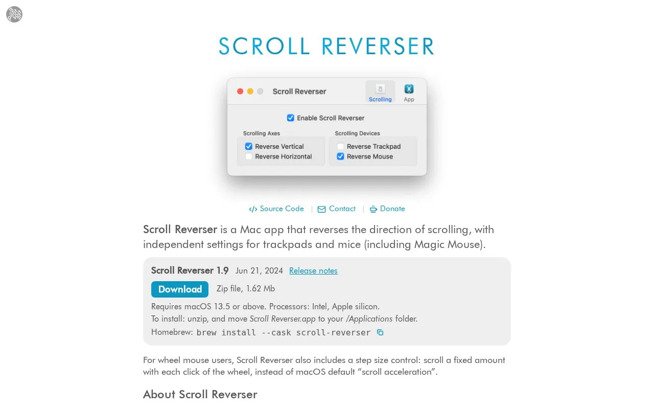 Scroll Reverser homepage screenshot