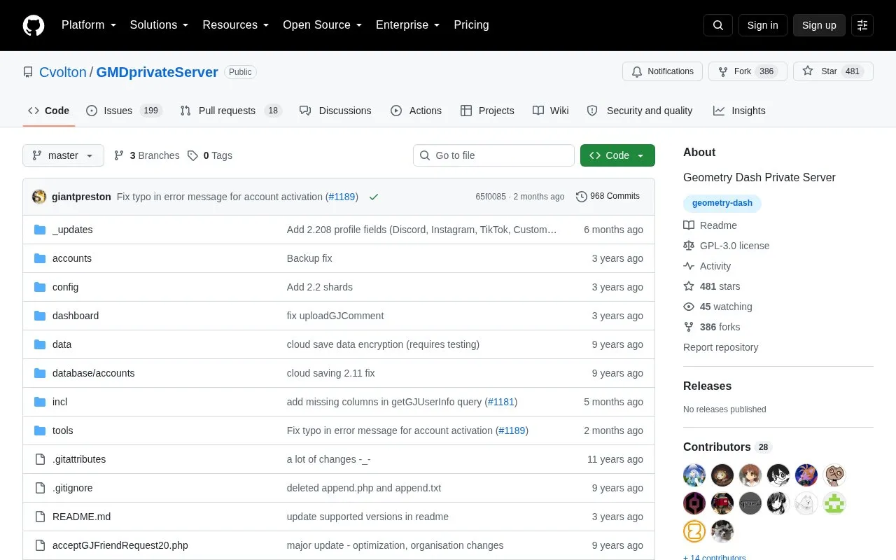 GMD Private Server homepage screenshot