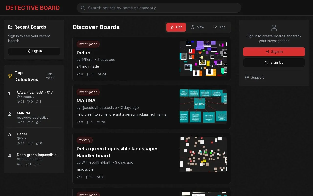 Detective Board homepage screenshot