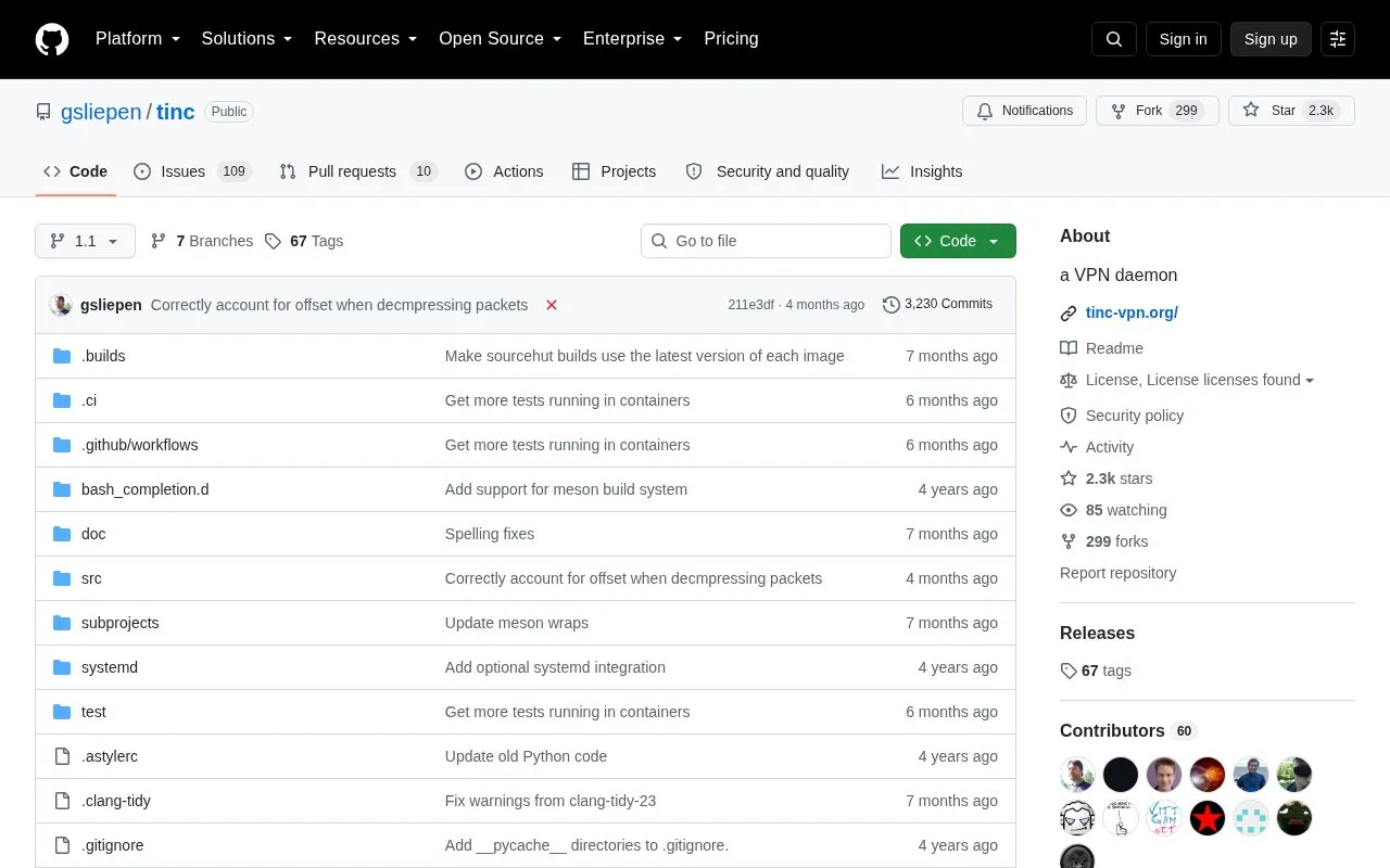 Tinc homepage screenshot