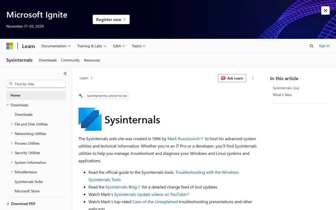 Sysinternals homepage screenshot