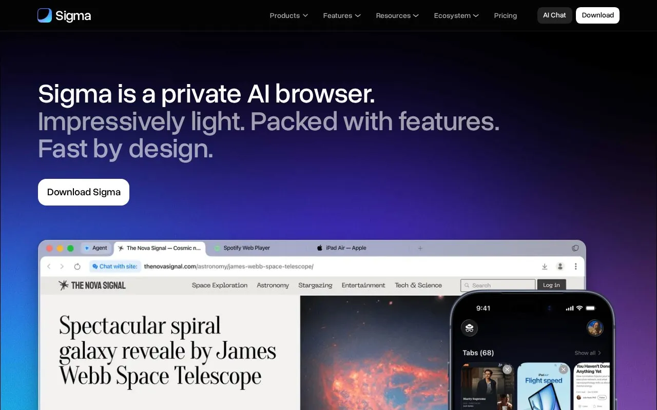 Sigma AI Browser homepage screenshot
