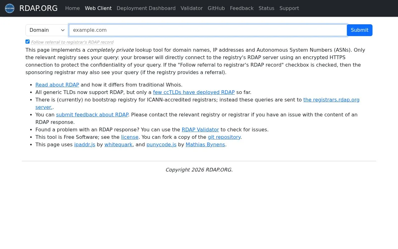 RDAP homepage screenshot