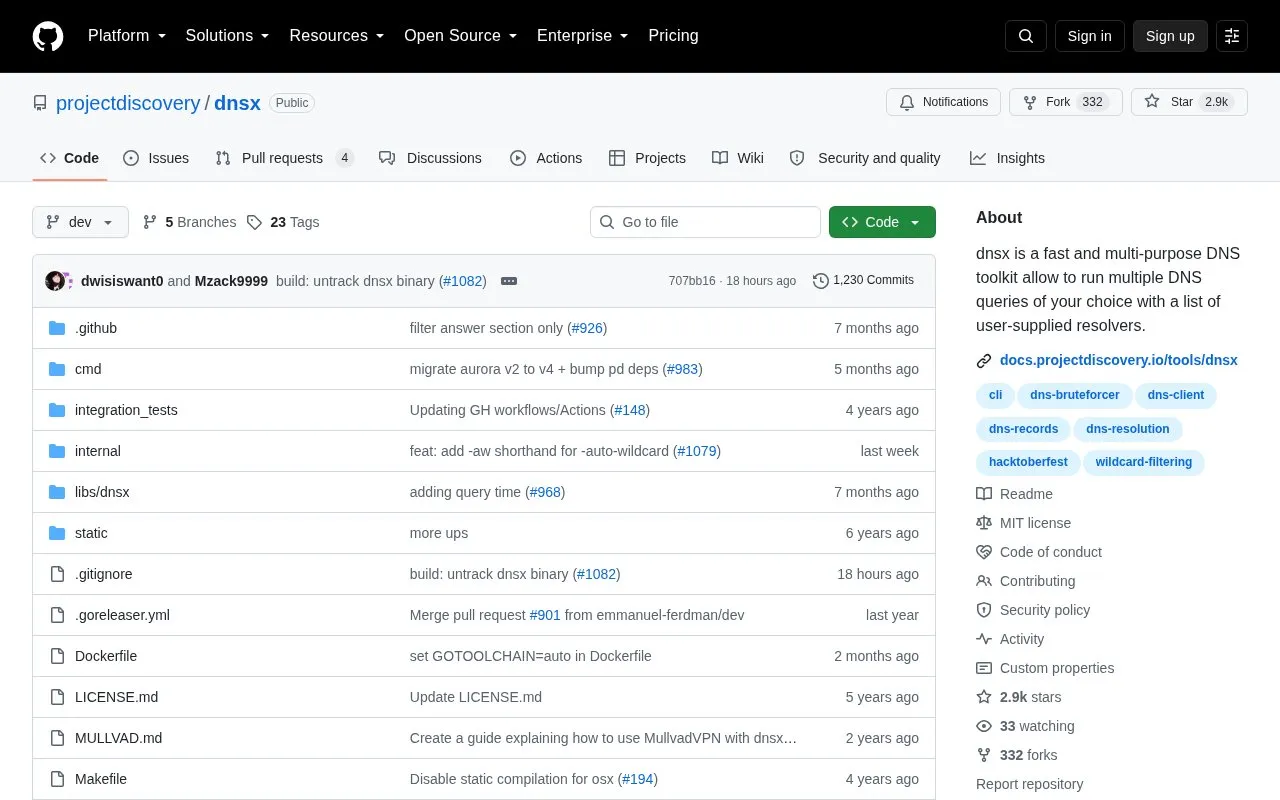 dnsx homepage screenshot