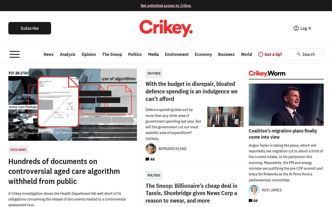 Crikey homepage screenshot