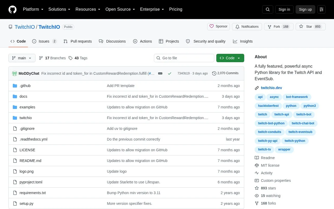TwitchIO homepage screenshot